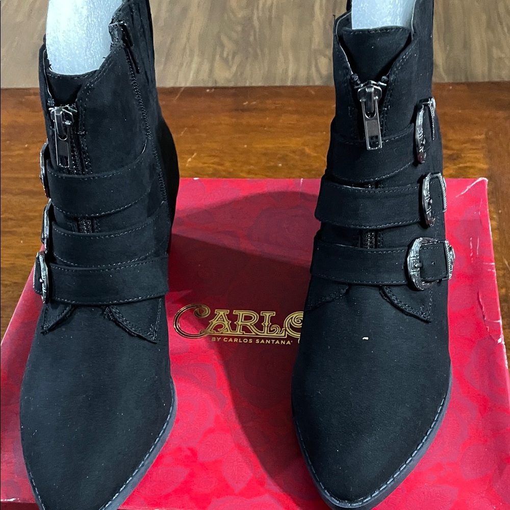 Carlos Santana Black Buckle Ankle Boots